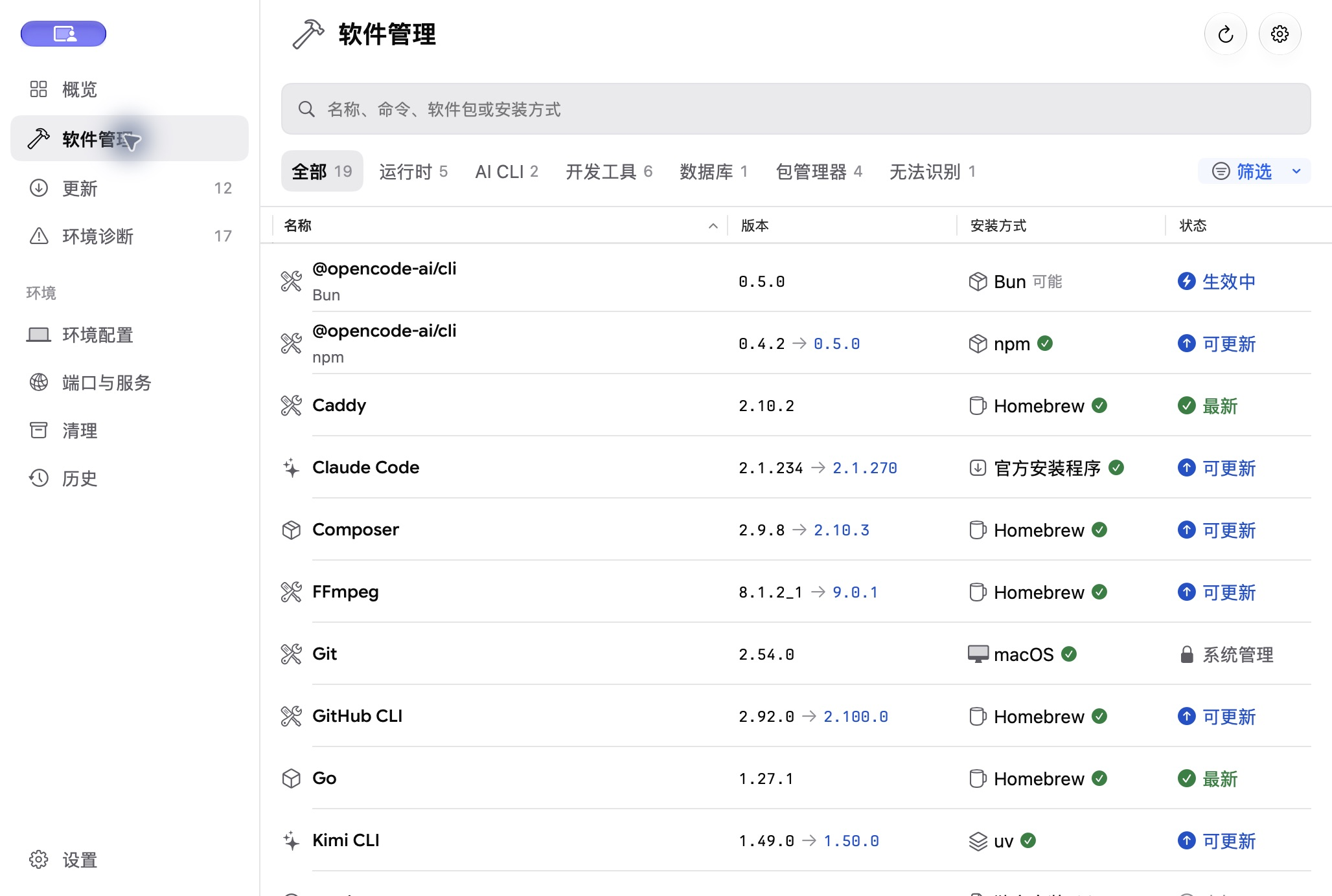 CLI State 工具列表,显示版本变化、安装来源和更新状态